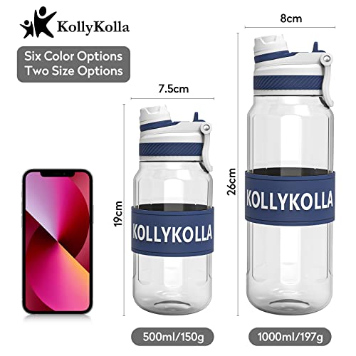 KollyKolla Botella Agua 1 Litro, Botella de Agua Deportiva con Pajita Tritan sin BPA, Reutilizable Botellas de Agua, Botella Agua Gimnasio para Niños & Adultos, Deporte, Oficina