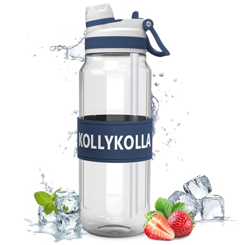 KollyKolla Botella Agua 1 Litro, Botella de Agua Deportiva con Pajita Tritan sin BPA, Reutilizable Botellas de Agua, Botella Agua Gimnasio para Niños & Adultos, Deporte, Oficina