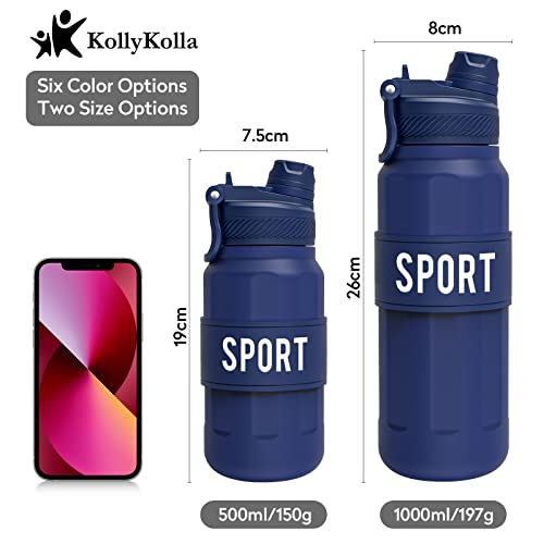 KollyKolla Botellas de Agua 1 Litro, Botella Agua Deporte con Paja, Tapa para Dos Formas de Beber, Botella de Agua Sin BPA, Reutilizable Botella Gimnasio Plastico para Gimnasio, Running, Bicicleta