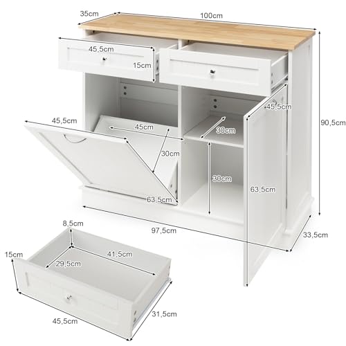 KOMFOTTEU Aparador de Cocina, Armario con Soporte para Botes de Basura 42 L, Mueble de Madera de Caucho con 2 cajones y Estante Ajustable, Mueble Cómoda para Papelera, 100 x 35 x 90,5 cm (Blanco)