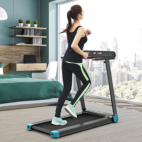 KOMFOTTEU Cinta de Correr Plegable para Casa, Máquina de Correr 1-12 km/h 550W, Andador con Pantalla LCD, App Bluetooth, 3 Modos y 12 Programas, Cinta de Correr Eléctrica 100kg Portátil (Azul)