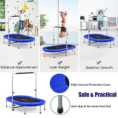 KOMFOTTEU Trampolín de Fitness para 2 Personas, Cama Elástica con Mngo Ajustable en 5 Niveles, Mini Trampolín Plegable con Carga de 150 kg, Cubierta Acolchada de Seguridad, para Niños y Adultos