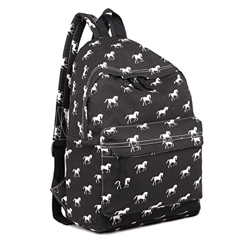 Kono Mochila escolar para niños y niñas diseño de caballo de lona para estudiantes y adolescentes Mochilas infantiles (negro)