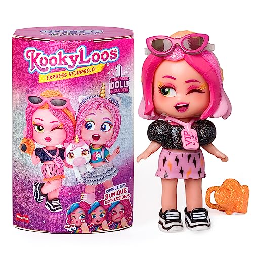 KOOKYLOOS Serie Glitter Glam – Muñeca Sorpresa Coleccionable con Accesorios de Moda, Ropa, Zapatos y Juguetes, con 3 Expresiones Divertidas