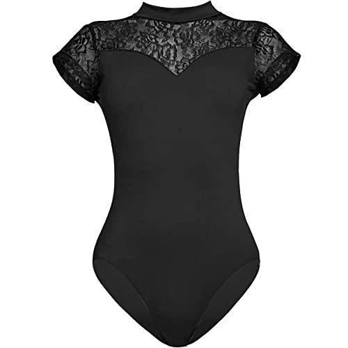 KorhLeoh Maillot de ballet de manga corta con cuello alto para mujer, con encaje duradero, ropa de gimnasia para adultos, Negro, L