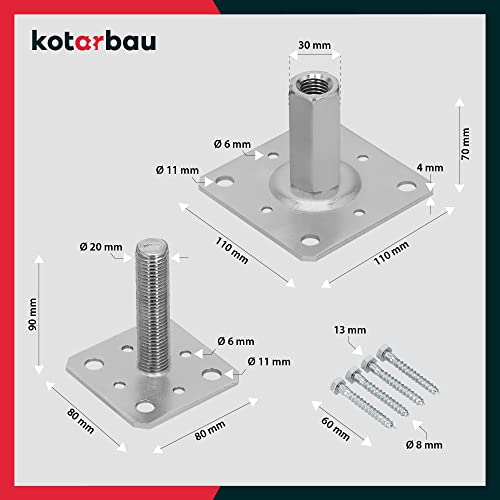 KOTARBAU® Juego de 4 soportes para postes, 80 x 80 mm, altura regulable de 90 a 150 mm, galvanizado, para atornillar, base de apoyo, base de suelo, base de hormigón, regulable