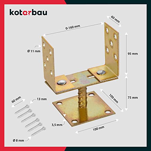 KOTARBAU® Soporte de Poste en U 0-160 mm Soporte para Postes Ajustable Soporte Regulable para Atornillar Soporte en U Base Poste Madera Anclaje Suelo Atornillable Acero Galvanizado