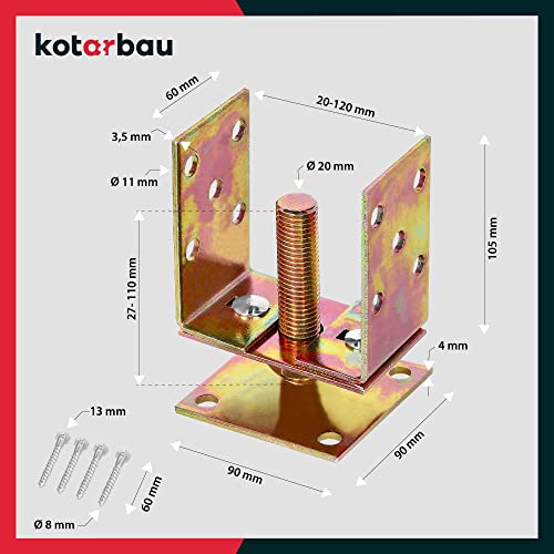 KOTARBAU® Soporte de Poste en U 80-120 mm Soporte para Postes Ajustable Soporte Regulable para Atornillar Soporte en U Base Poste Madera Anclaje Suelo Atornillable Acero Galvanizado