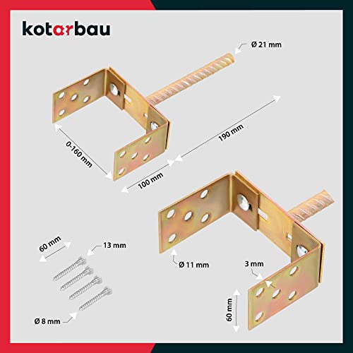 KOTARBAU® Soporte de Poste en U Ajustable 0-160mm Pletina con Varilla 200mm para Insertar en Hormigón Base Poste Madera Anclaje Suelo Regulable Soporte en U Acero Galvanizado