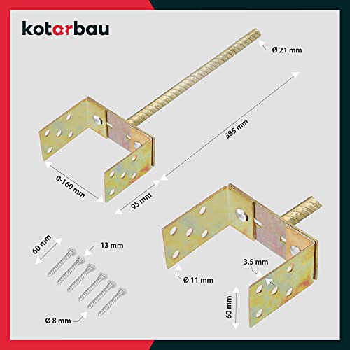 KOTARBAU® Soporte de Poste en U Ajustable 0-160mm Pletina con Varilla 385mm para Insertar en Hormigón Base Poste Madera Anclaje Suelo Regulable Soporte en U Acero Galvanizado