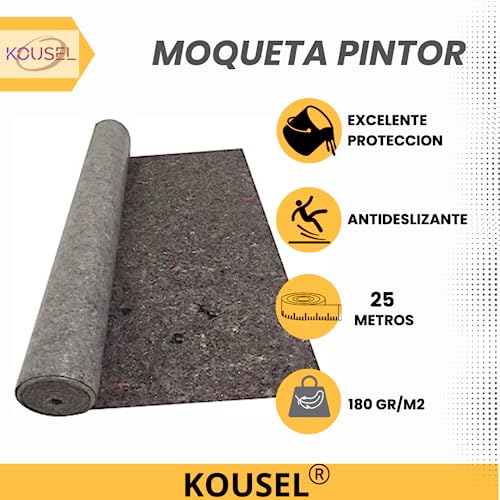 KOUSEL Manta Fieltro Proteccion Suelos 1mx 25m(25M)(180gr/m)-Pintor, Reformas, Mudanzas, Bricolage-Antideslizante y Resistente a derrames, Reutilizable.Fabricado con telas recicladas.Protector suelos