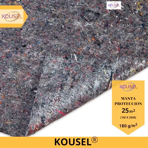 KOUSEL Manta Fieltro Proteccion Suelos 1mx 25m(25M)(180gr/m)-Pintor, Reformas, Mudanzas, Bricolage-Antideslizante y Resistente a derrames, Reutilizable.Fabricado con telas recicladas.Protector suelos