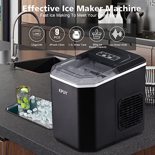 KPUY Máquina de hielo autolimpiable para encimera, para hogar, 9 cubitos listos en 6-13 minutos, 12 kg en 24 horas, máquina portátil para hacer cubitos de hielo para cocina/oficina.