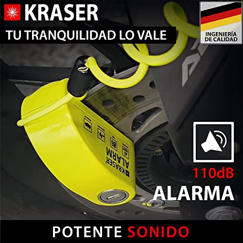 KRASER KR6Y Candado Moto Disco Alarma 110db Reforzado, Impermeable, Universal Motos Scooters Bicicletas, Cable Recordatorio, Mochila, Antirrobo Pinza Moto