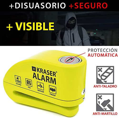 KRASER KR6Y Candado Moto Disco Alarma 110db Reforzado, Impermeable, Universal Motos Scooters Bicicletas, Cable Recordatorio, Mochila, Antirrobo Pinza Moto