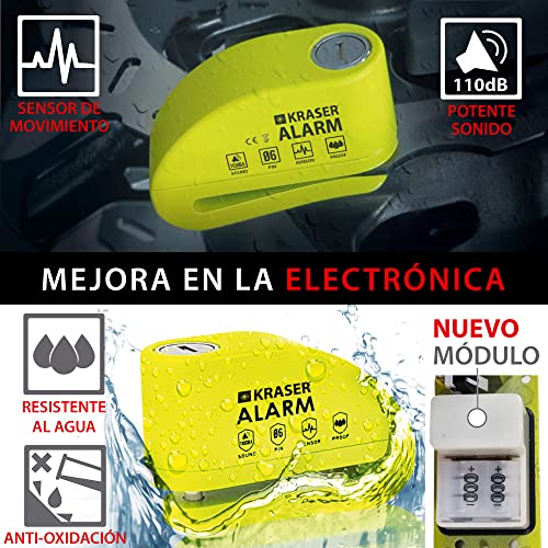 KRASER KR6Y Candado Moto Disco Alarma 110db Reforzado, Impermeable, Universal Motos Scooters Bicicletas, Cable Recordatorio, Mochila, Antirrobo Pinza Moto