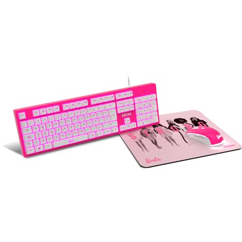 KROM Kit teclado, ratón y alfombrilla edición Barbie KANDY - Teclado membrana LED Blanco, Ratón con sensor óptico 6400 DPI, Alfombrilla de goma suave y resistente, layout español, color rosa