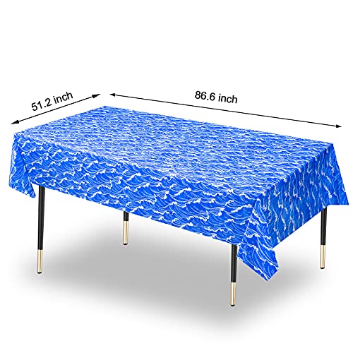 KRUCE - Paquete de 3 manteles de plástico con olas del mar, fondo azul, decoraciones para fiesta temática, 220 x 130 cm