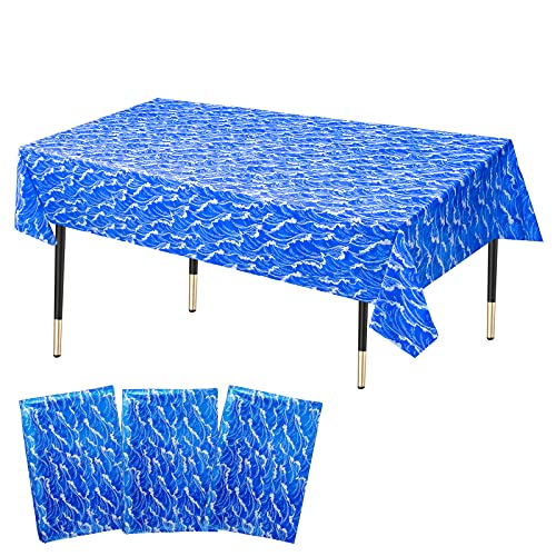 KRUCE - Paquete de 3 manteles de plástico con olas del mar, fondo azul, decoraciones para fiesta temática, 220 x 130 cm