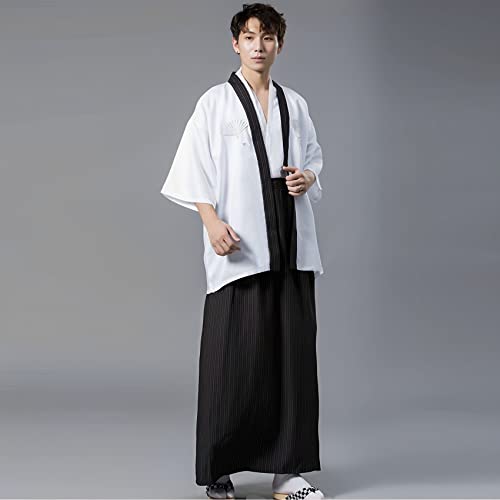 KRUIHAN Kimono Japonés para Hombre,Yukata Kimono Bata,Uniforme Samurai Tradicional Japonés,Disfraz Cosplay,Ropa Estilo Japonés,Chaqueta Haori,Top,y Falda Hakama,Talla Única(L),Blanco