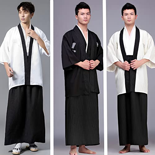 KRUIHAN Kimono Japonés para Hombre,Yukata Kimono Bata,Uniforme Samurai Tradicional Japonés,Disfraz Cosplay,Ropa Estilo Japonés,Chaqueta Haori,Top,y Falda Hakama,Talla Única(L),Blanco