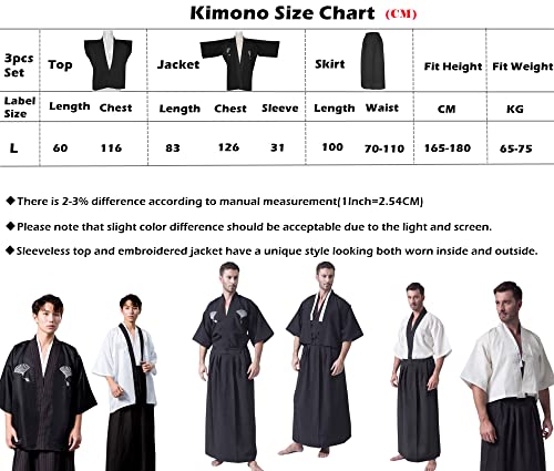 KRUIHAN Kimono Japonés para Hombre,Yukata Kimono Bata,Uniforme Samurai Tradicional Japonés,Disfraz Cosplay,Ropa Estilo Japonés,Chaqueta Haori,Top,y Falda Hakama,Talla Única(L),Blanco