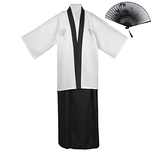 KRUIHAN Kimono Japonés para Hombre,Yukata Kimono Bata,Uniforme Samurai Tradicional Japonés,Disfraz Cosplay,Ropa Estilo Japonés,Chaqueta Haori,Top,y Falda Hakama,Talla Única(L),Blanco