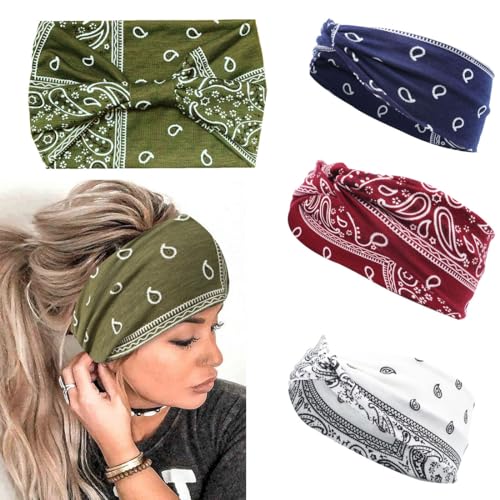 KSIUW Diadema Ancha Mujer - 4 pcs Pañuelos Cabeza Elastica Deportiva Turbantes Nudo Hippie Fiesta Bandana Cinta Bohemia para el Cabello, Diademas para Turbante para El Maquillaje