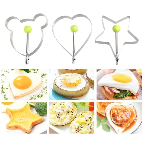 KSIUW Tortitas - 4 Piezas Anillos de Huevo de Acero Inoxidable con Mango Anti-Calor Anillos para Cocinar Huevos Redondos y con Forma de Corazón Moldes para Huevos Fritos No Pegajosos para Freír