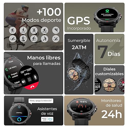 KSIX Compass Reloj Inteligente Deportivo con GPS, Llamadas, Notificaciones, Asistente Voz, Pantalla Táctil, Sumergible, Modo Deporte, Control Salud y Sueño, Negro