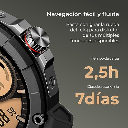 KSIX Compass Reloj Inteligente Deportivo con GPS, Llamadas, Notificaciones, Asistente Voz, Pantalla Táctil, Sumergible, Modo Deporte, Control Salud y Sueño, Negro