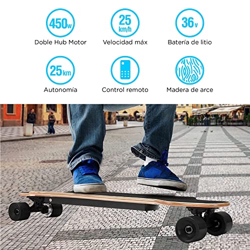 KSIX Longboard eléctrico, Control Remoto, Doble Hub Motor 450W, Batería de Litio, 25km/h, Madera de Arce y bambú