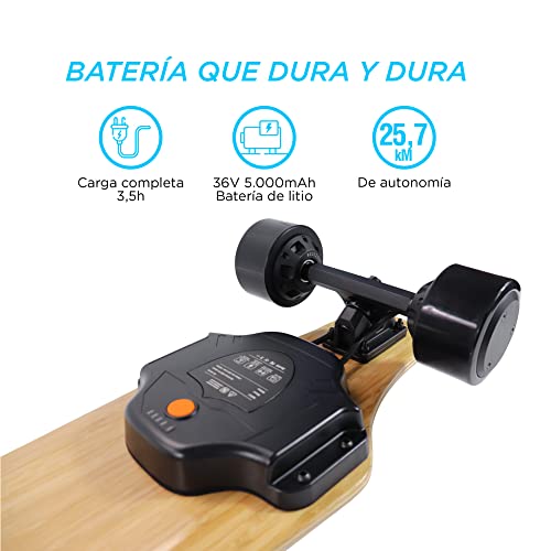 KSIX Longboard eléctrico, Control Remoto, Doble Hub Motor 450W, Batería de Litio, 25km/h, Madera de Arce y bambú