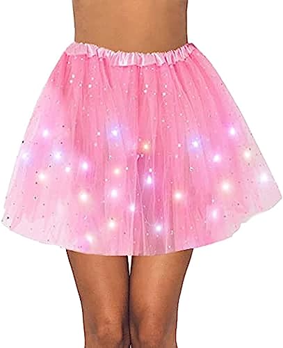 Ksnnrsng Falda Tutú para Mujer Lentejuelas Estrella Faldas de Tul Mujer con Luz LED Vestido Ballet Vestido Corto de Baile Faldas para Fiesta Danza (Rosa)