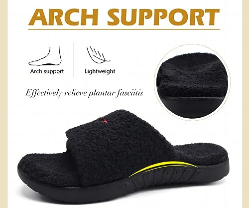 KuaiLu Zapatillas Casa Hombre Invierno Peluche Sandalias Ajustable Pantuflas Cómodas Ortopedicas Punta Abierta Babuchas Antideslizante Interior Exterior Goma Suela, Negro 44