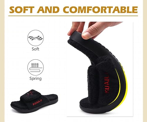 KuaiLu Zapatillas Casa Hombre Invierno Peluche Sandalias Ajustable Pantuflas Cómodas Ortopedicas Punta Abierta Babuchas Antideslizante Interior Exterior Goma Suela, Negro 44