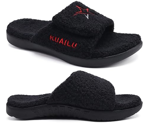 KuaiLu Zapatillas Casa Hombre Invierno Peluche Sandalias Ajustable Pantuflas Cómodas Ortopedicas Punta Abierta Babuchas Antideslizante Interior Exterior Goma Suela, Negro 44