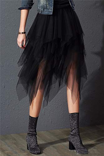 KUKEYIEE Falda de Las Mujeres Tul Tutu Irregular Bajo la Falda en Capas Falda Ballet Prom Party Vestido Plisado A-Line Midi Falda Negro Talla única