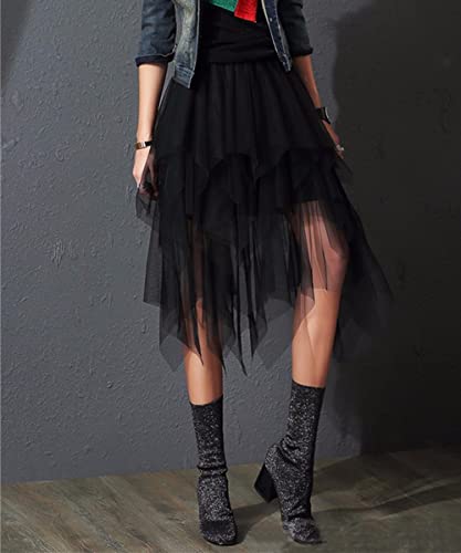 KUKEYIEE Falda de Las Mujeres Tul Tutu Irregular Bajo la Falda en Capas Falda Ballet Prom Party Vestido Plisado A-Line Midi Falda Negro Talla única