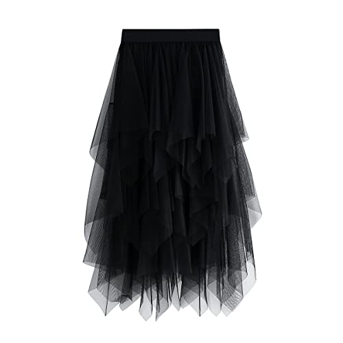 KUKEYIEE Falda de Las Mujeres Tul Tutu Irregular Bajo la Falda en Capas Falda Ballet Prom Party Vestido Plisado A-Line Midi Falda Negro Talla única