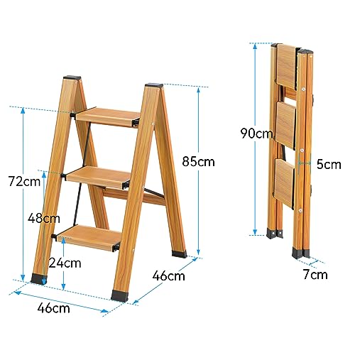 KULACO Taburete Plegable Escalera 3 Peldaños Plegable en Aluminio Taburete Portátil Antideslizante hasta 150 kg Escalera Multifuncional Diseño Imitación Madera para Cocina Baño Camping