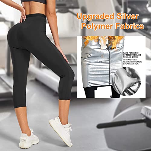 KUMAYES Pantalones Cortos de Sauna para Mujer Deportivos de Cintura Alta Térmicos de Adelgazamiento Pantalon Sauna Reductora Mallas de Yoga para Adelgazar (M, Negro)