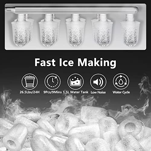 KUMIO Máquina de Hielo con Tanque de 1.5L, 12kg en 24h, 9 Hielos Gruesos en Forma de Bala Listos en 6-9 Minutos, Maquina de Hacer Hielo para Fiesta en Casa, Cuchara y Cesta de Hielo (Ferroso)