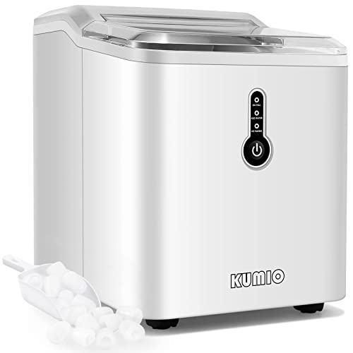 KUMIO Máquina de Hielo con Tanque de 1.5L, 12kg en 24h, 9 Hielos Gruesos en Forma de Bala Listos en 6-9 Minutos, Maquina de Hacer Hielo para Fiesta en Casa, Cuchara y Cesta de Hielo (Blanco)