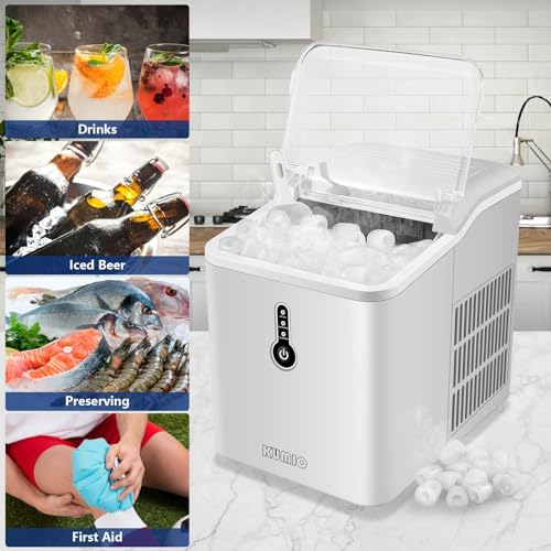 KUMIO Máquina de Hielo con Tanque de 1.5L, 12kg en 24h, 9 Hielos Gruesos en Forma de Bala Listos en 6-9 Minutos, Maquina de Hacer Hielo para Fiesta en Casa, Cuchara y Cesta de Hielo (Ferroso)