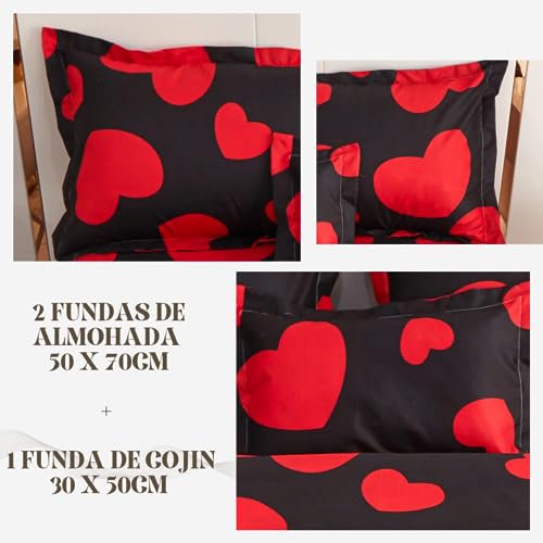 KUMY Juego de Funda Nórdica 5 Piezas: Funda nórdica,2 Fundas de Almohada, Funda de Cojín y Sábana Bajera- Estilo y Comodidad Total (Cama 150x190/200 + 240x220 + 2*(50x70) + 30x50, Corazón)