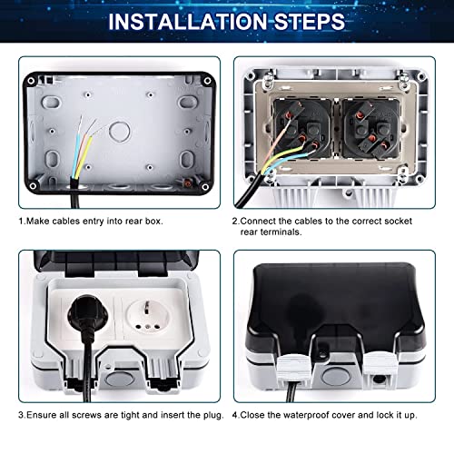 Kuptone Toma de corriente externa, eléctrica, estanca, toma de pared con doble interruptor, clase de protección IP66, para jardín y garaje
