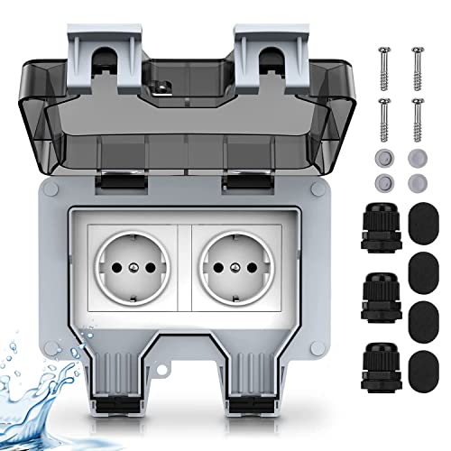 Kuptone Toma de corriente externa, eléctrica, estanca, toma de pared con doble interruptor, clase de protección IP66, para jardín y garaje