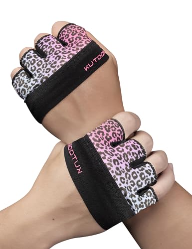 KUTOOK Guantes Gimnasio Hombre Mujer Gym Fiteness Pesas Crossfit Entrenamiento Accesorios Dominadas Calistenia Rojo Rosa Estampado de Leopardo XL