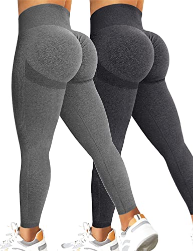 Kuzimua 2 Pares Leggins Deportivos Mujer Push Up, Mallas Deporte Mujer Elásticos de Cintura Alta Tallas Fit Yoga Gym Pilates (L, B05 Gris Oscuro+Gris)